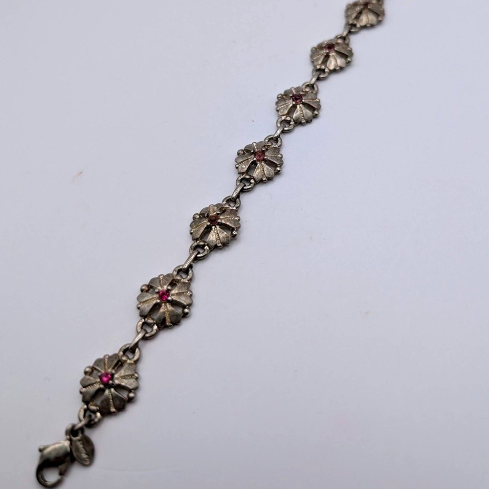Vintage Monet Silver Tone Floral Link Bracelet Pink Rhinestone Accents 7.25"